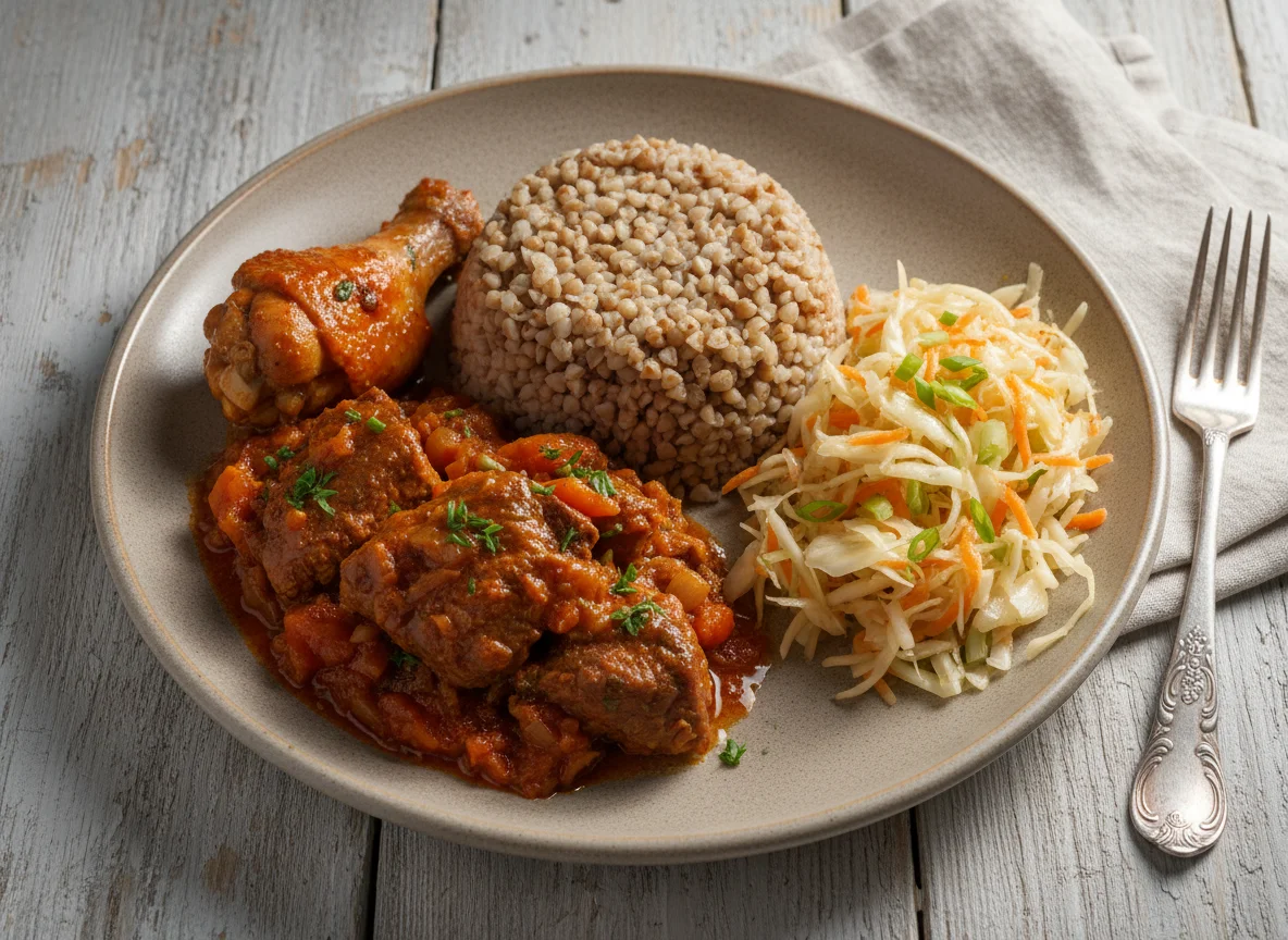 Гречка с курицей и тушеным мясом, салат из квашеной капусты photo