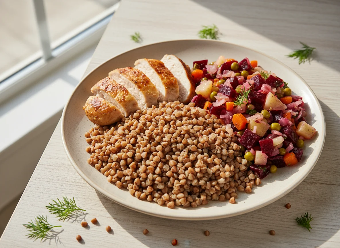 Гречка с курицей и винегретом photo