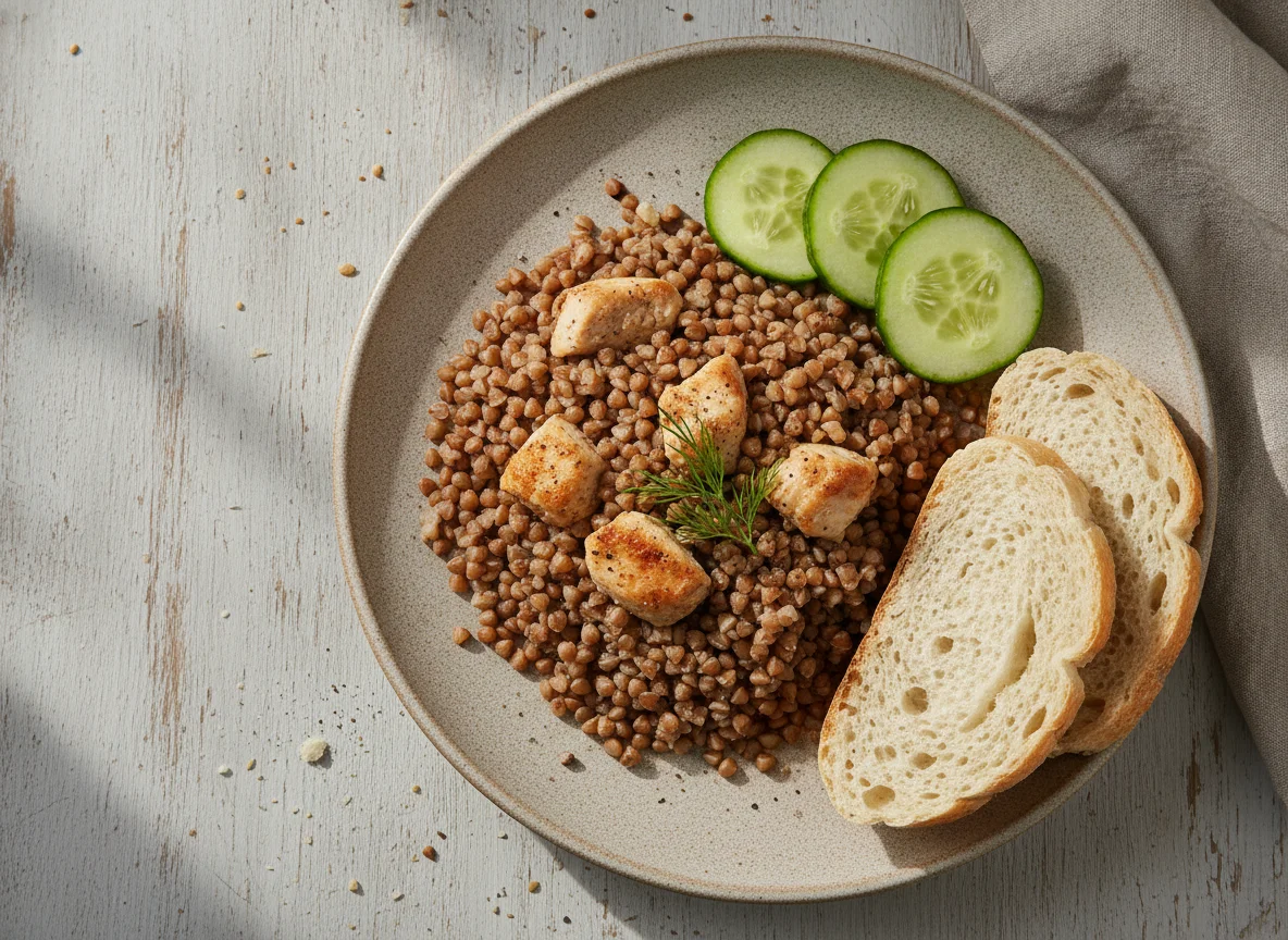 Гречка с курицей, огурцом и хлебом photo