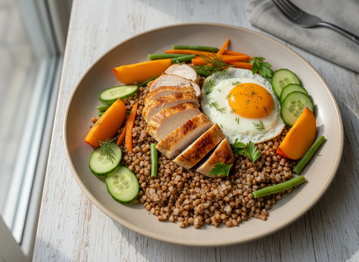 Гречка с курицей, овощами, яйцом и хурмой photo