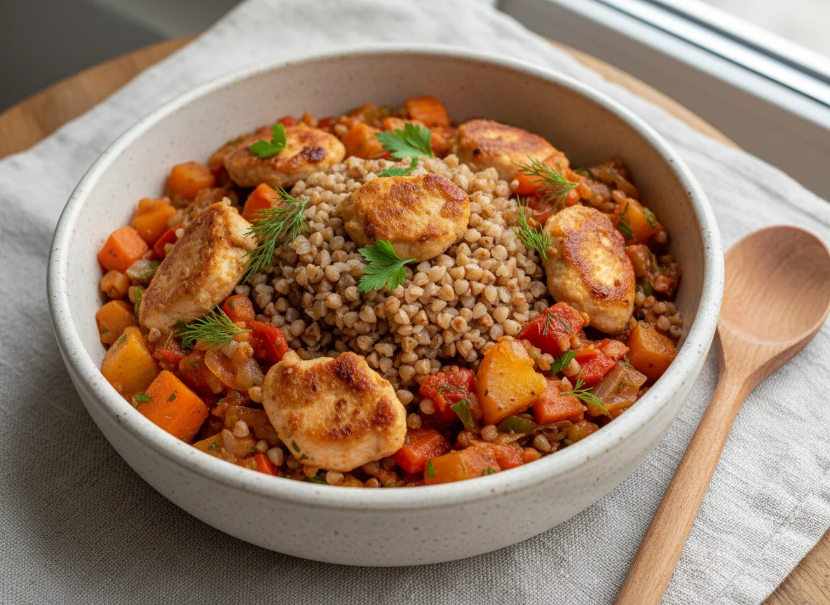 Гречка с курицей, овощами и соусом photo