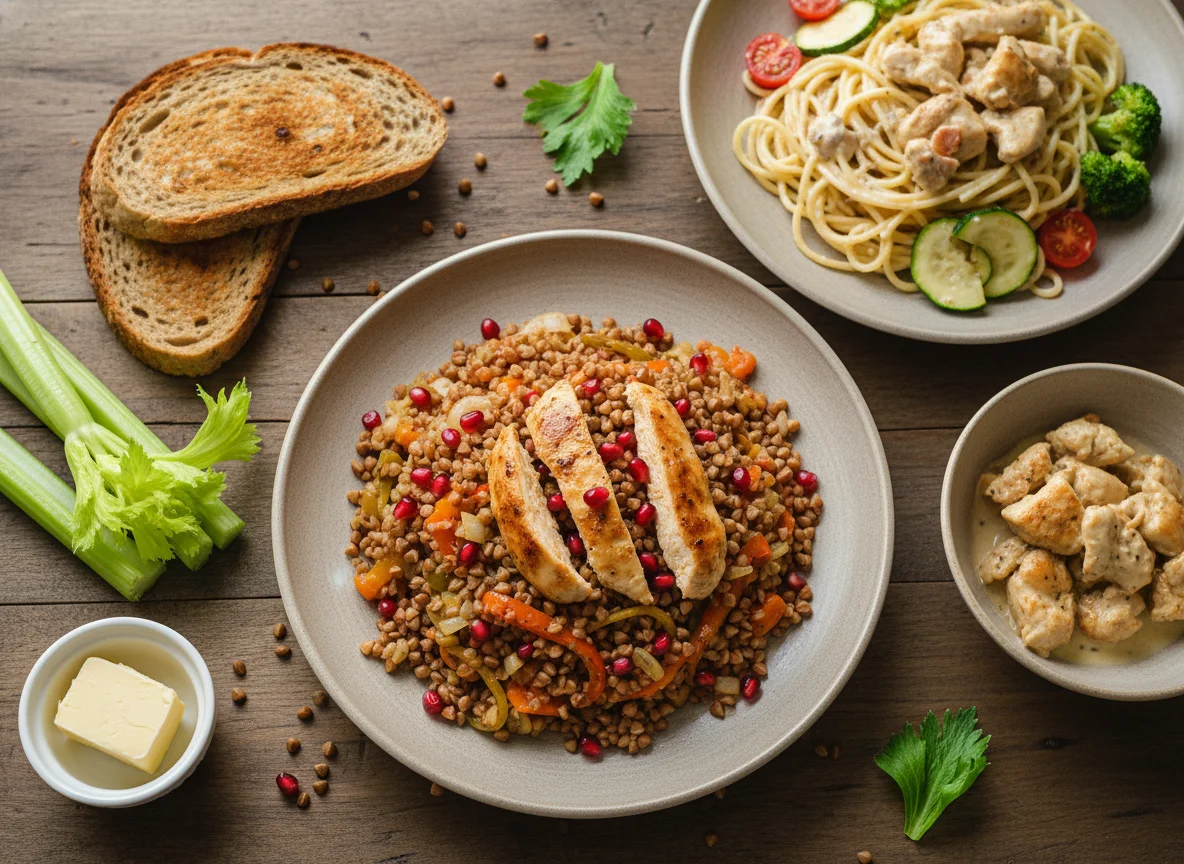 Гречка с курицей, паста с курицей и овощами, тосты и сельдерей photo