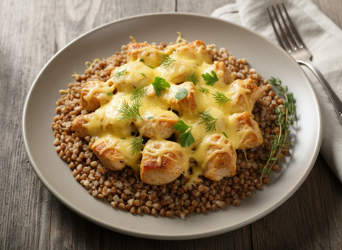 Гречка с курицей под сыром photo