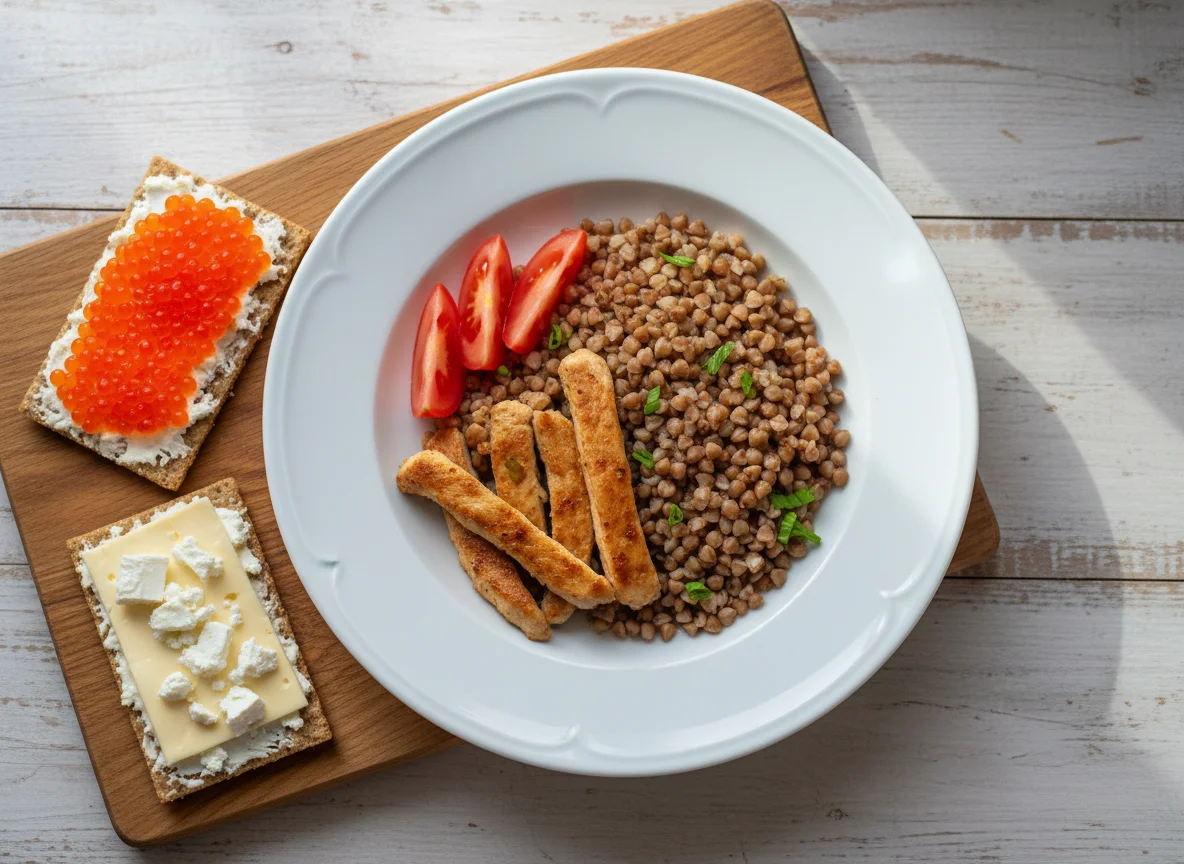 Гречка с курицей, помидорами и бутербродом с икрой photo