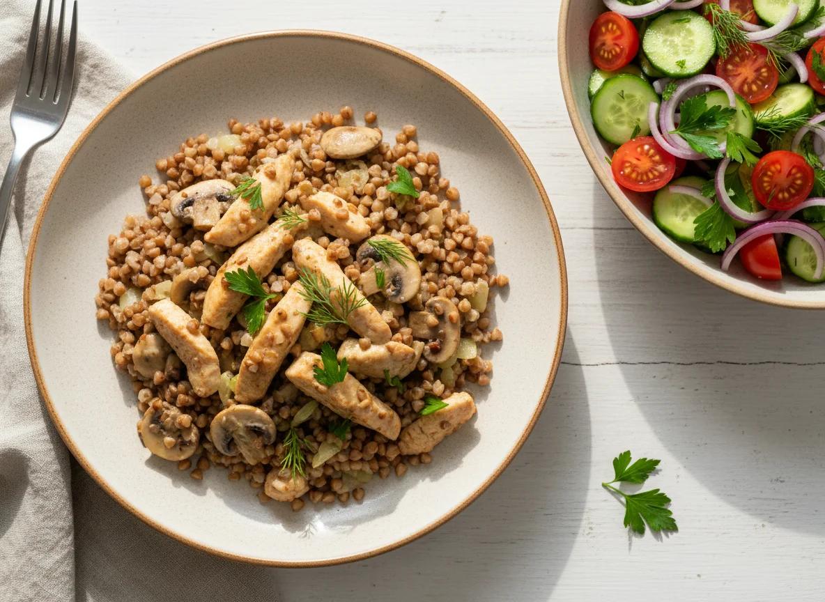 Гречка с курицей по-строгановски и овощным салатом photo