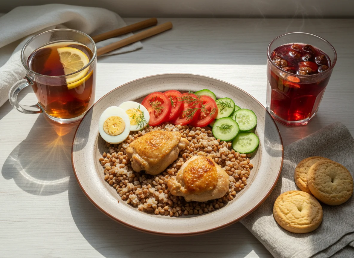 Гречка с курицей, салат и яйца photo