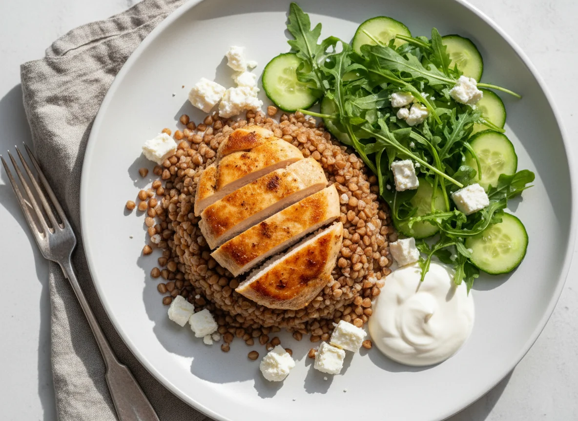 Гречка с курицей, салатом и сыром фета photo