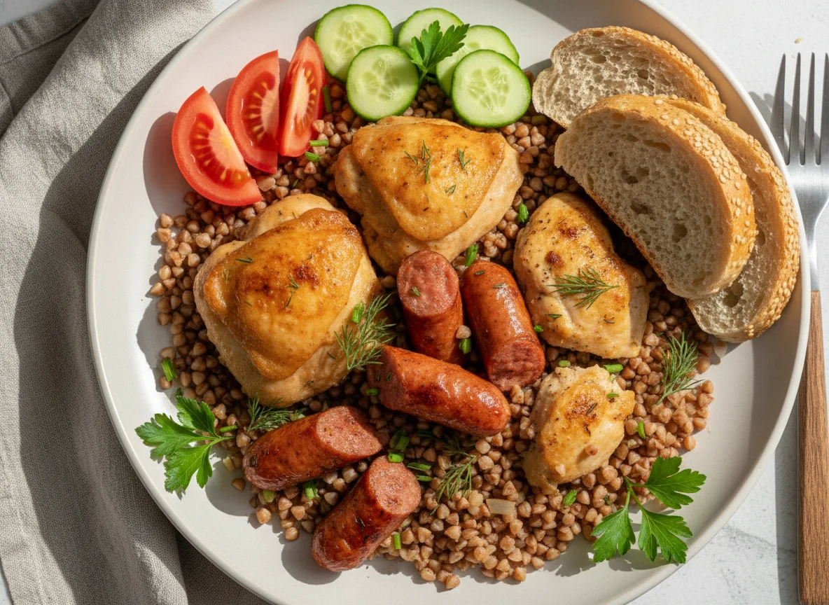 Гречка с курицей, сосисками и овощами photo