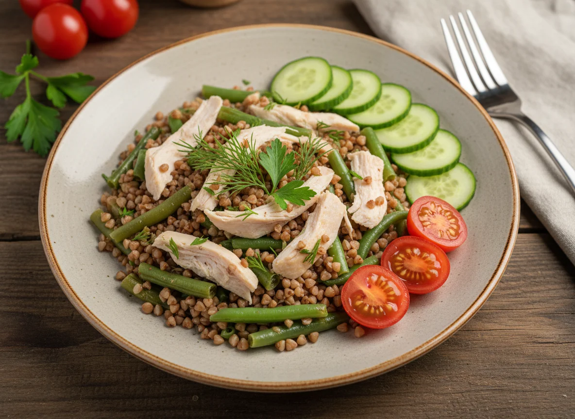 Гречка с курицей, стручковой фасолью и свежими овощами photo