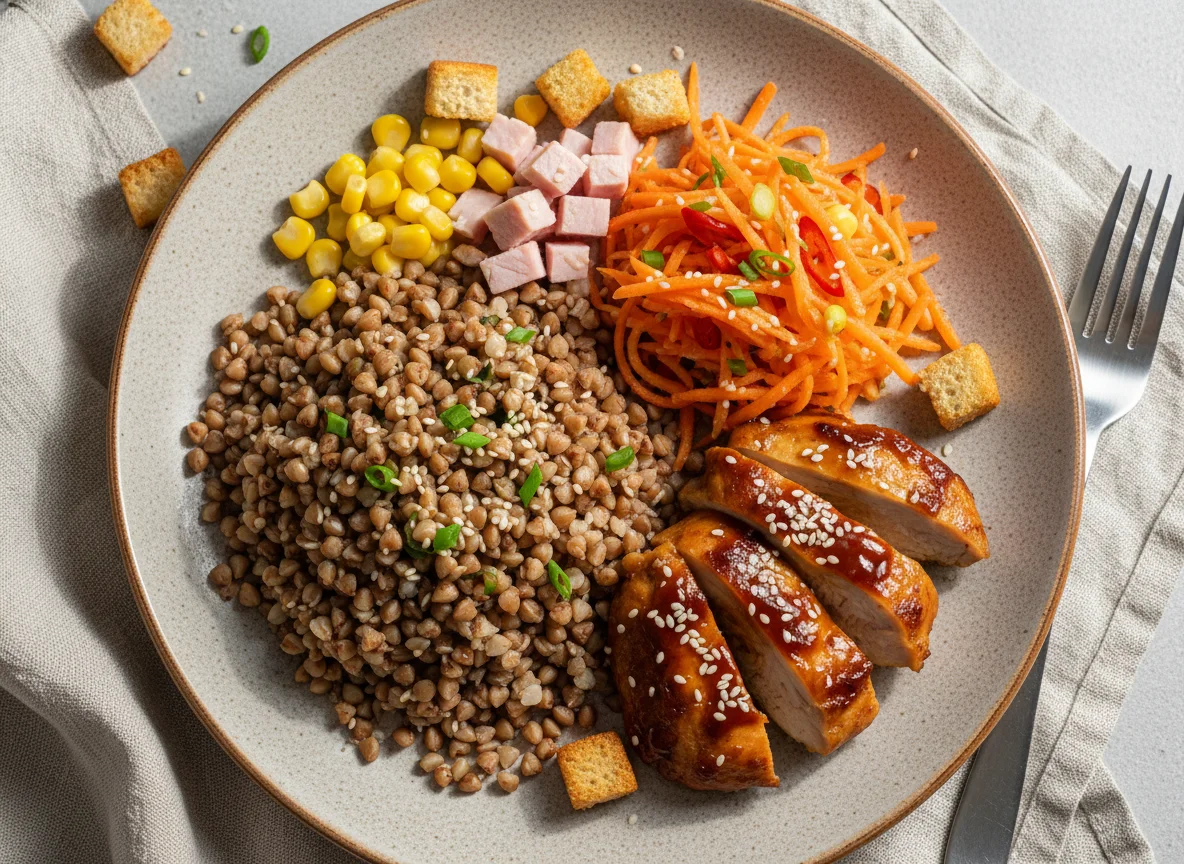 Гречка с курицей терияки и морковным салатом photo