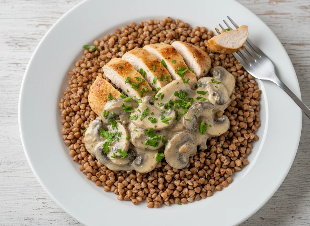 Гречка с курицей в сливочно-грибном соусе photo