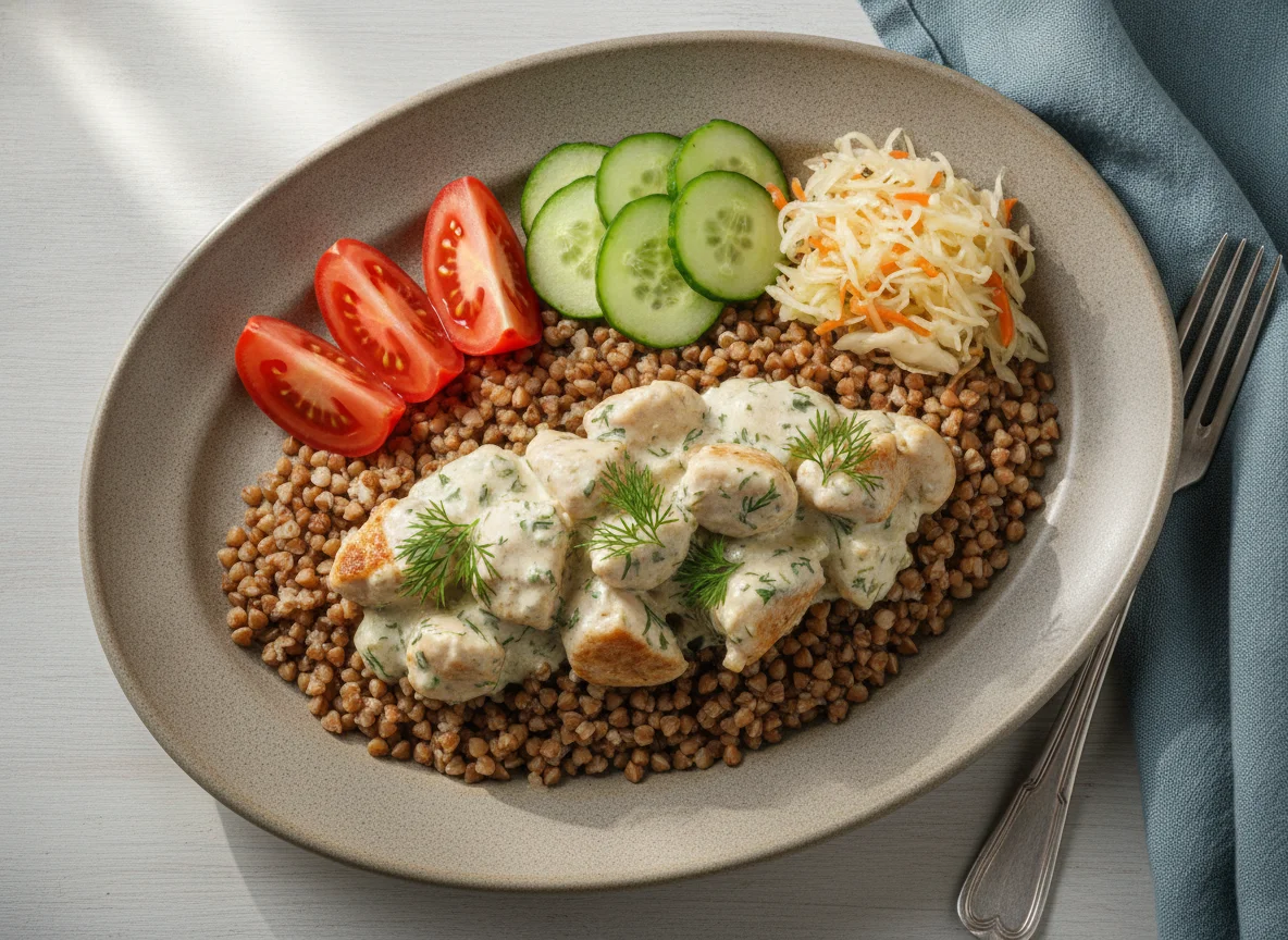 Гречка с курицей в сливочном соусе и овощами photo