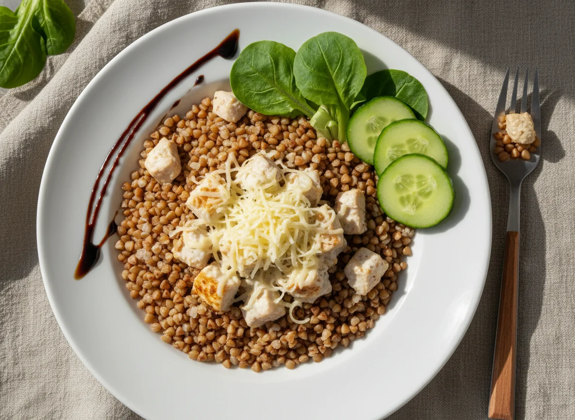 Гречка с курицей в сметанном соусе, сыром и овощами photo