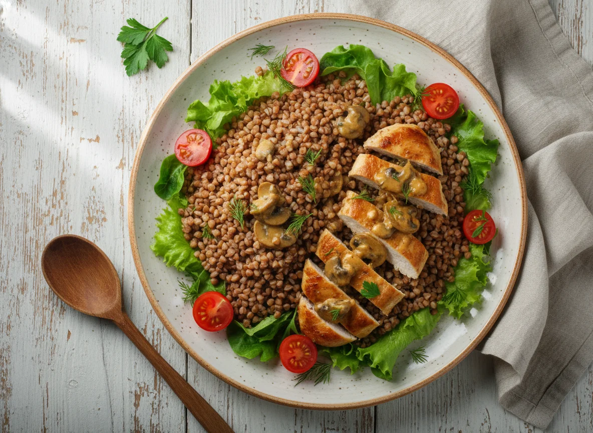 Гречка с курицей в соусе и овощами photo