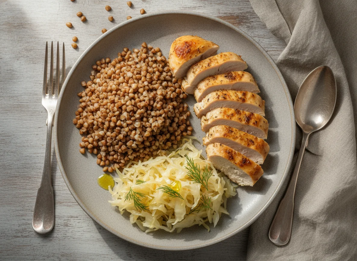 Гречка с куриной грудкой и квашеной капустой photo