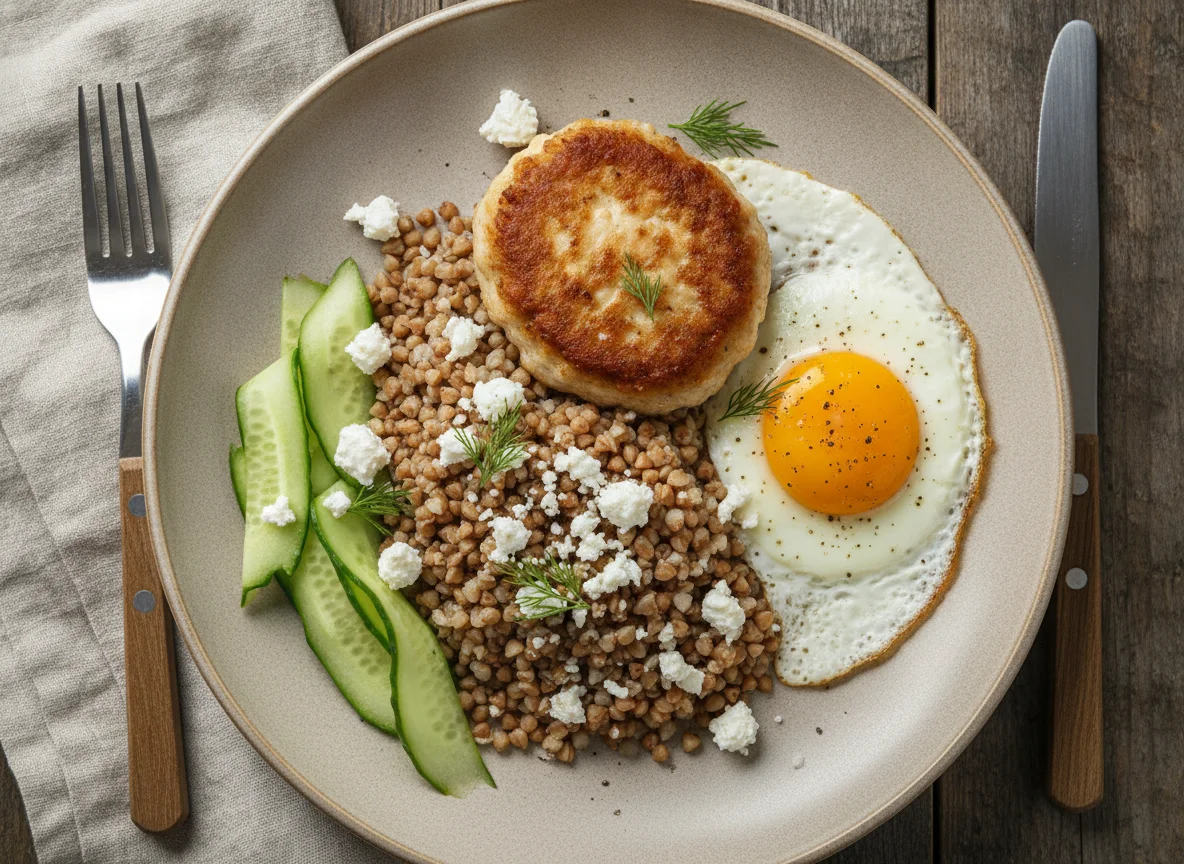 Гречка с куриной котлетой, яйцом и огурцом photo