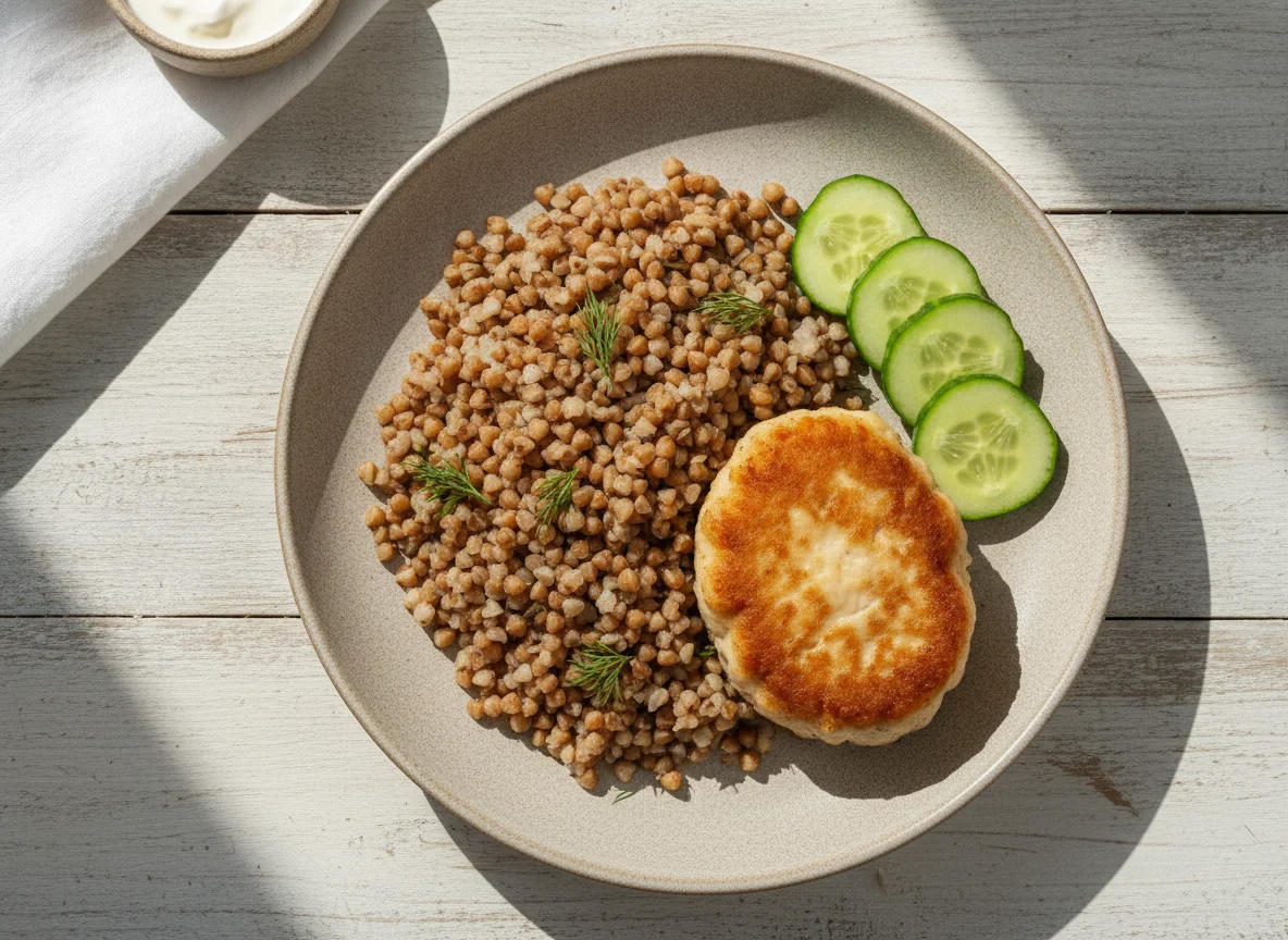 Гречка с куриной котлетой и огурцом photo