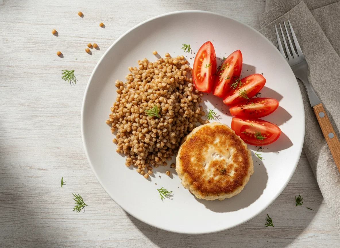 Гречка с куриной котлетой и помидорами photo