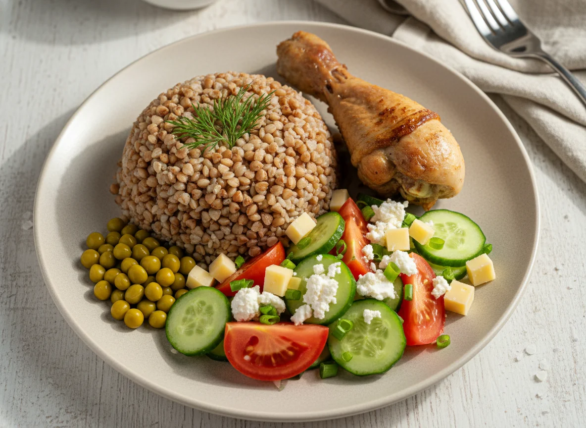 Гречка с куриной ножкой, овощным салатом, сыром и горошком photo