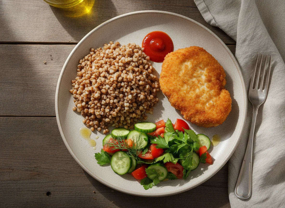 Гречка с куриной отбивной и овощным салатом photo