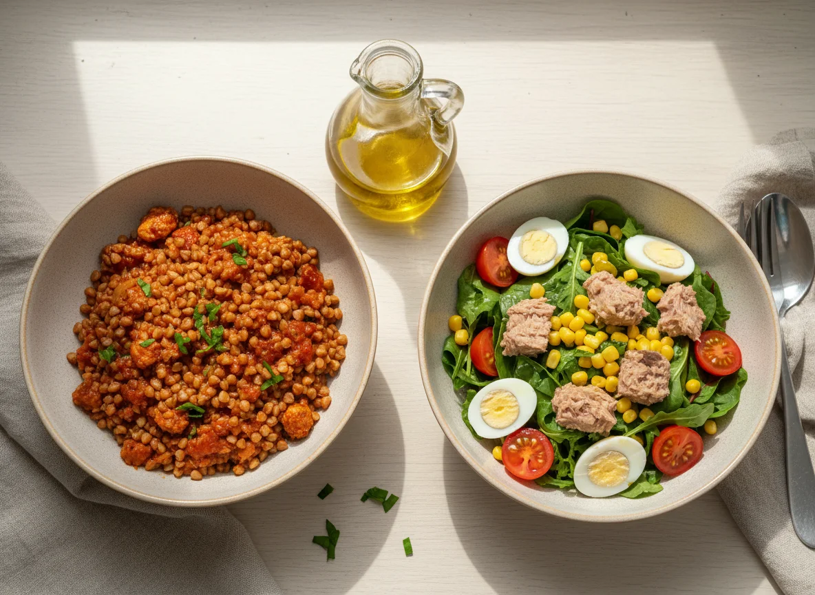 Гречка с куриным фаршем и салат с тунцом photo