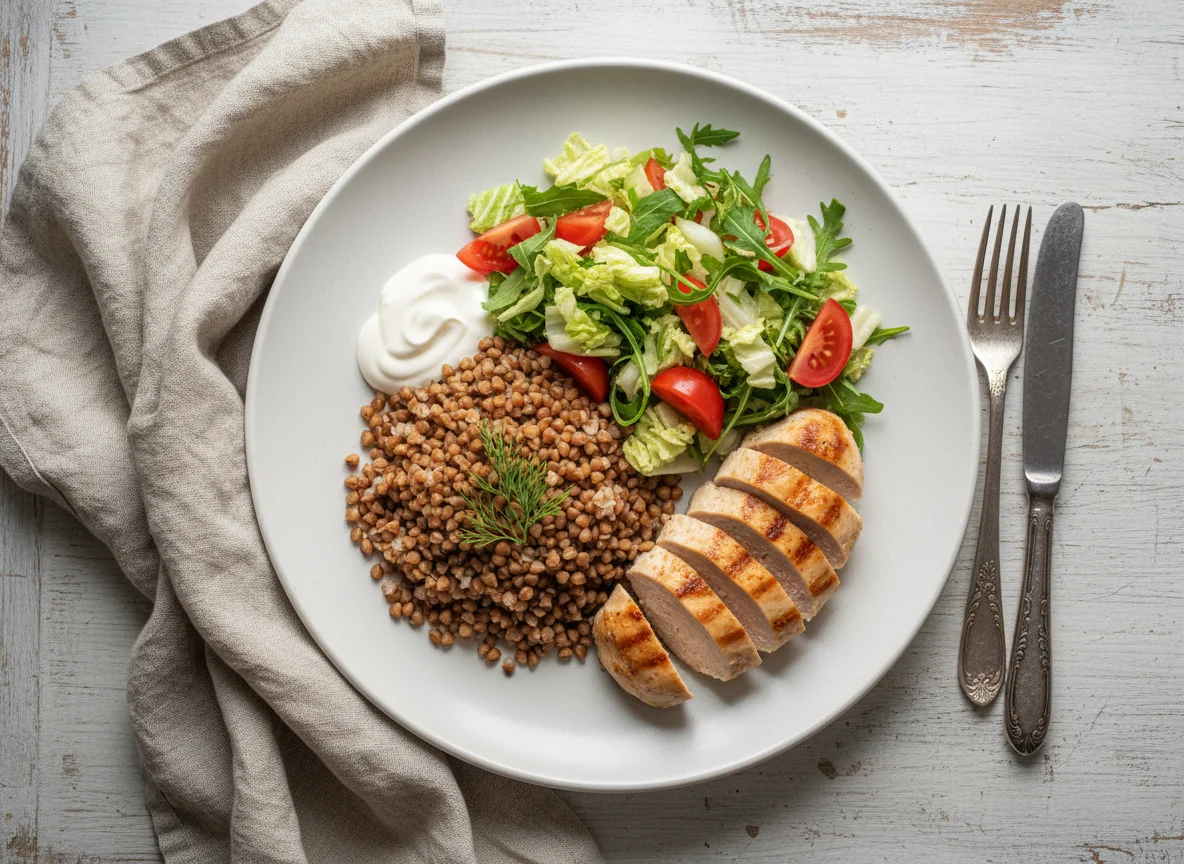 Гречка с куриным филе и овощным салатом photo