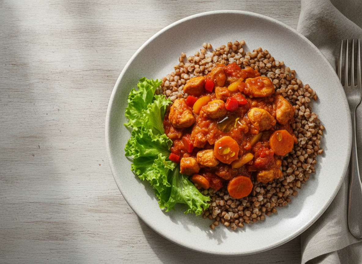 Гречка с куриным гуляшом и овощами photo