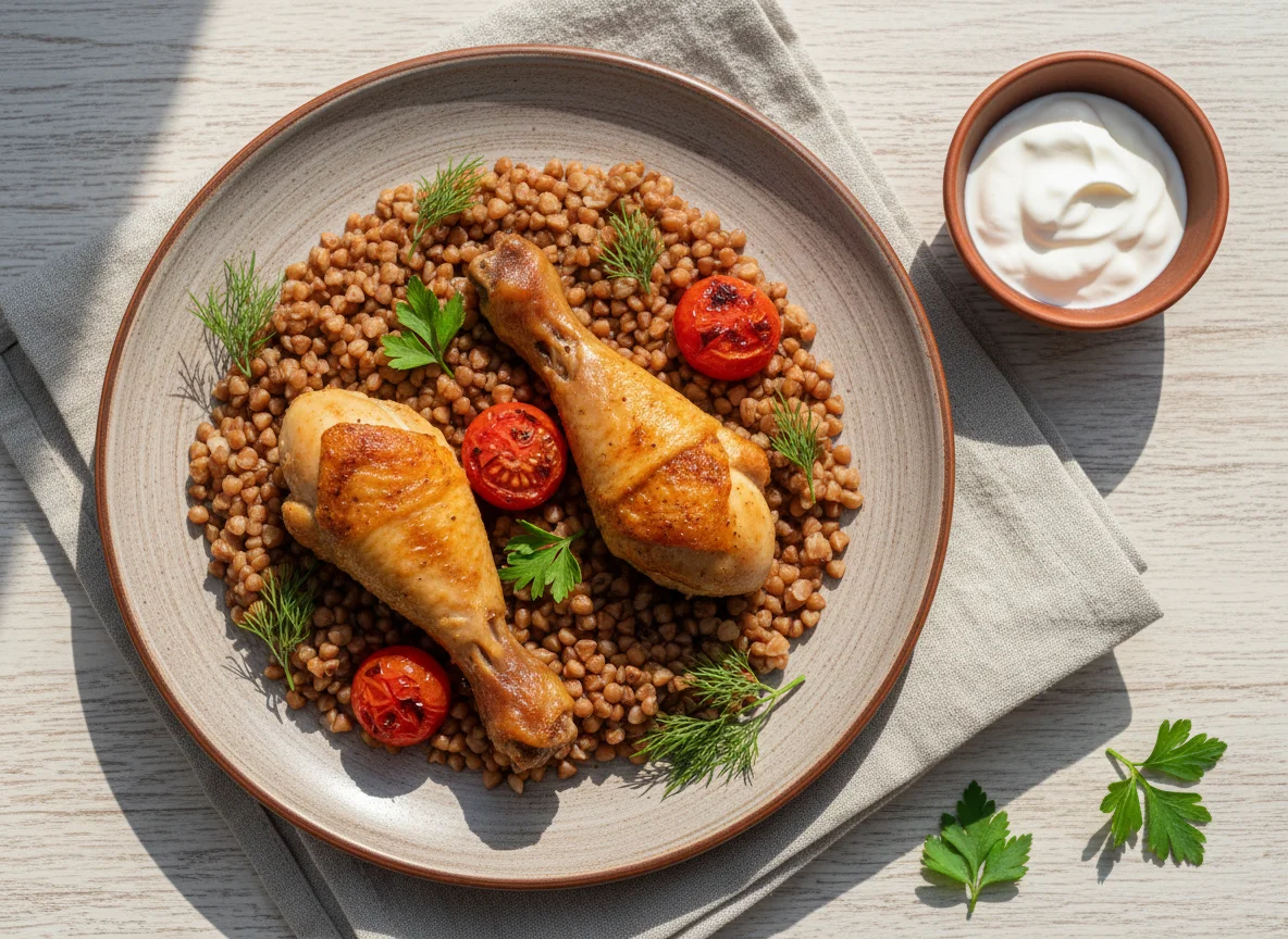 Гречка с куриными голенями и помидорами photo