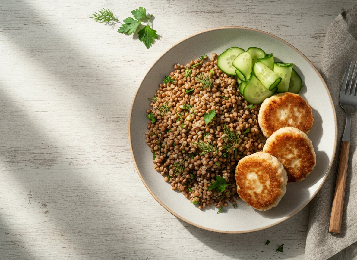 Гречка с куриными котлетами и огурцами photo