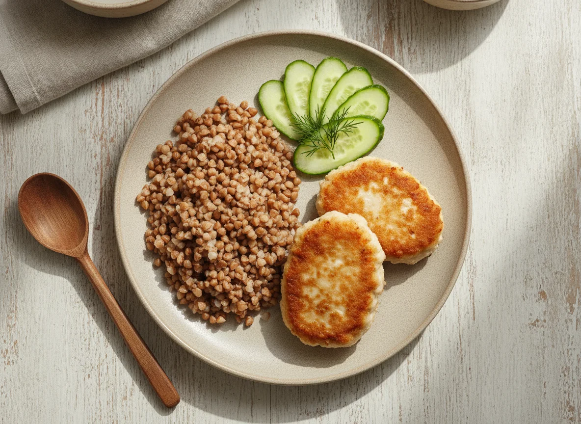 Гречка с куриными котлетами и огурцом photo
