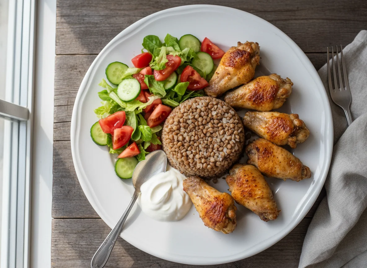 Гречка с куриными крылышками и овощным салатом photo