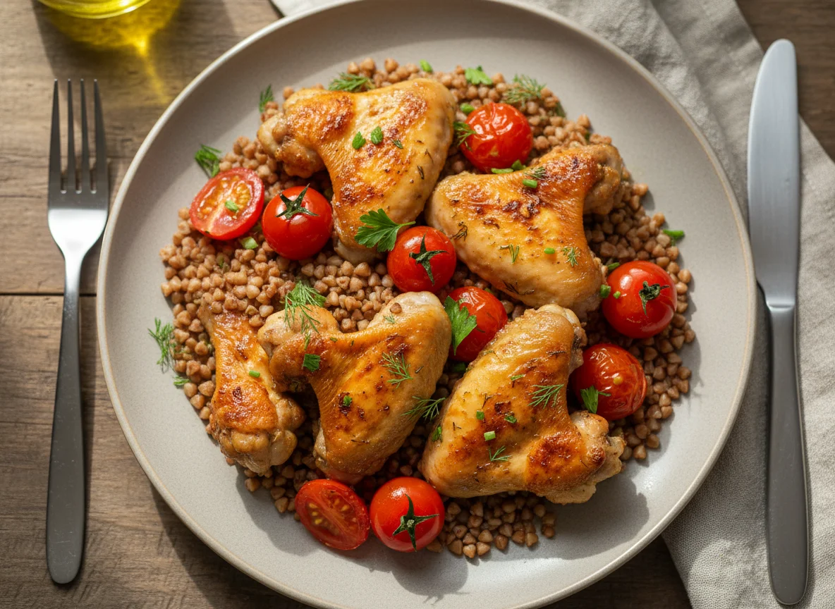 Гречка с куриными крылышками и помидорами photo