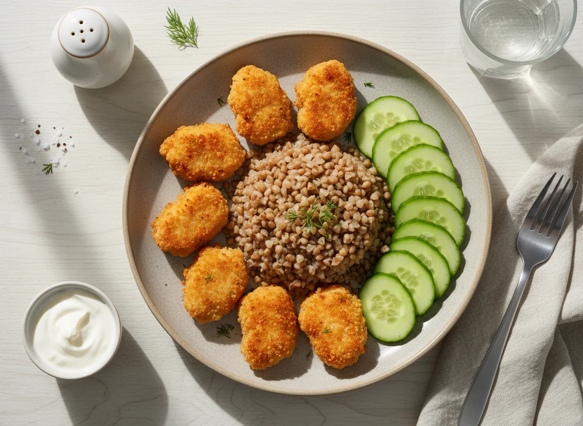 Гречка с куриными наггетсами и огурцами photo