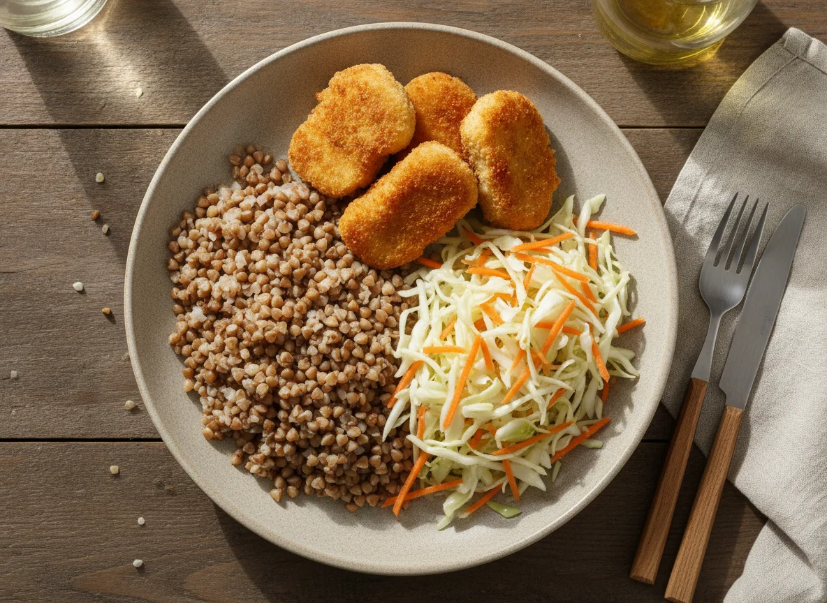 Гречка с куриными наггетсами и овощным салатом photo