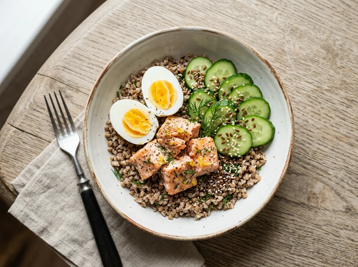 Гречка с лососем, яйцом и огурцами photo