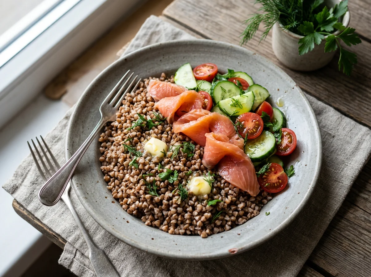 Гречка с лососем и овощами photo