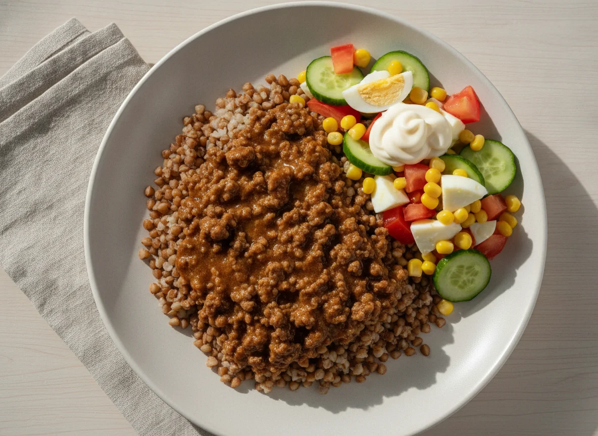 Гречка с мясной подливой и овощной салат photo