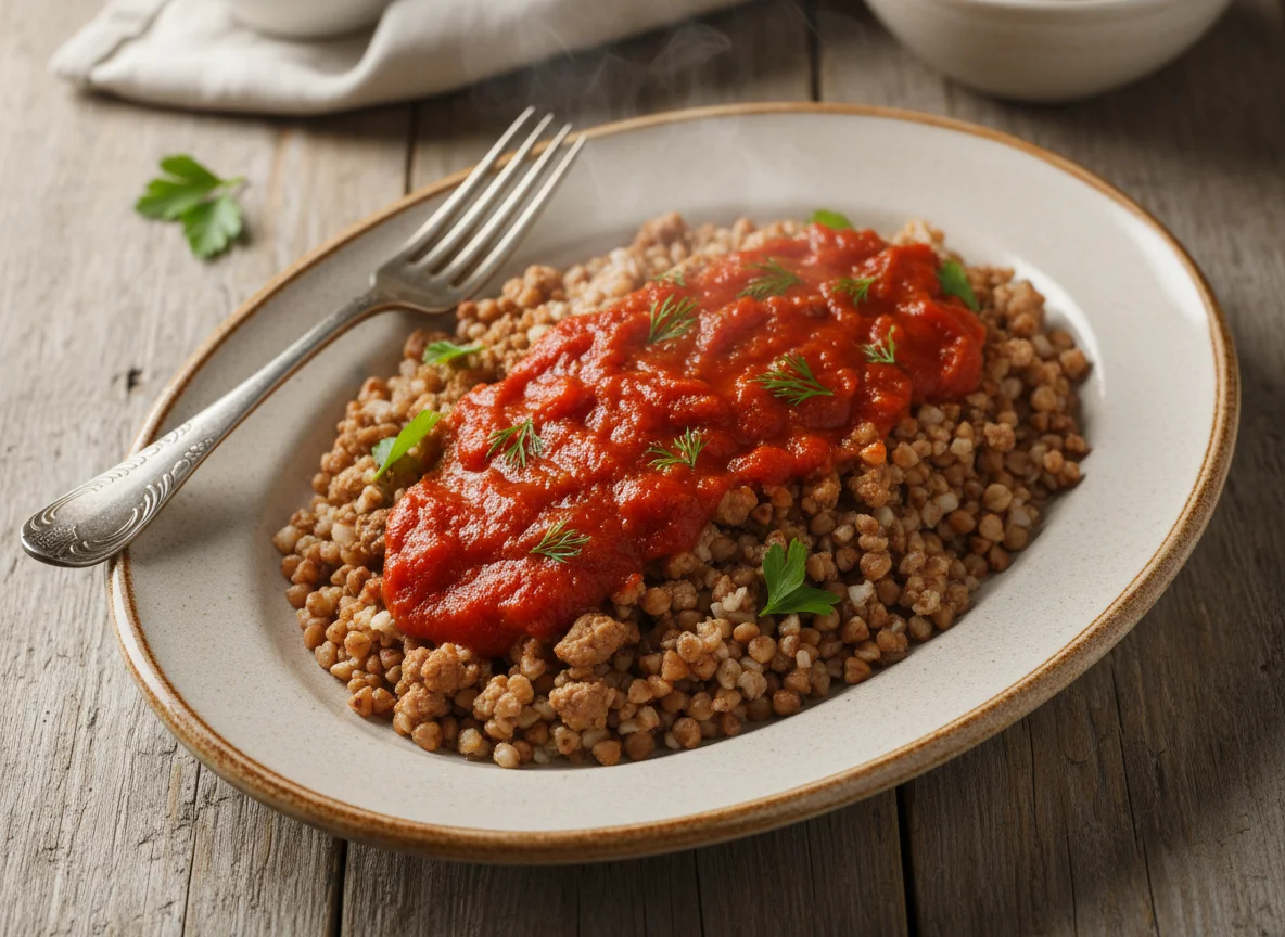 Гречка с мясным фаршем и соусом photo