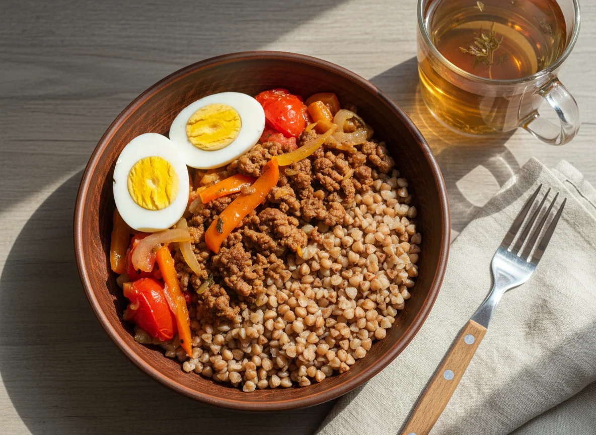 Гречка с мясным фаршем, тушеными овощами и яйцом photo