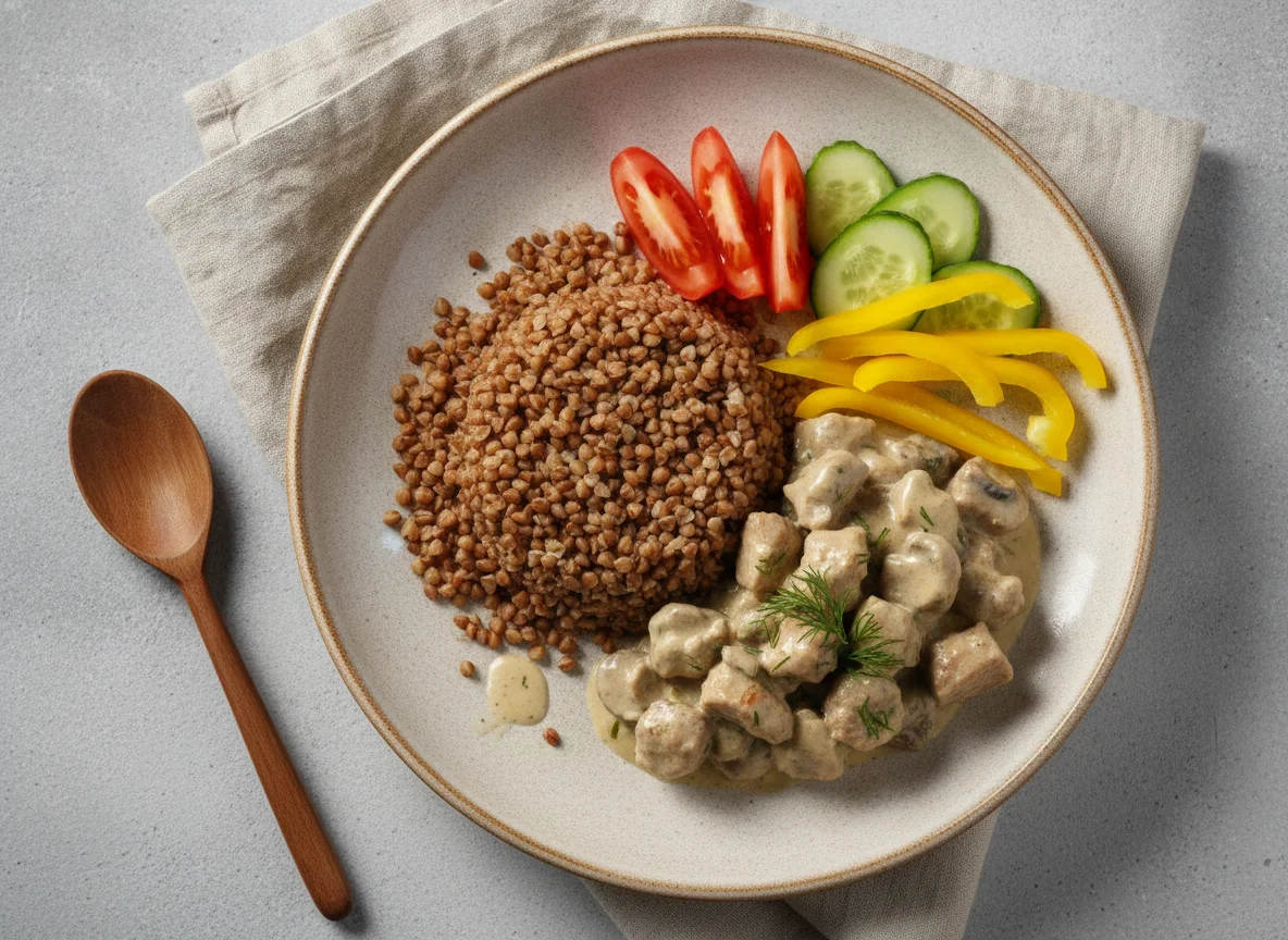 Гречка с мясным гуляшом и овощами photo