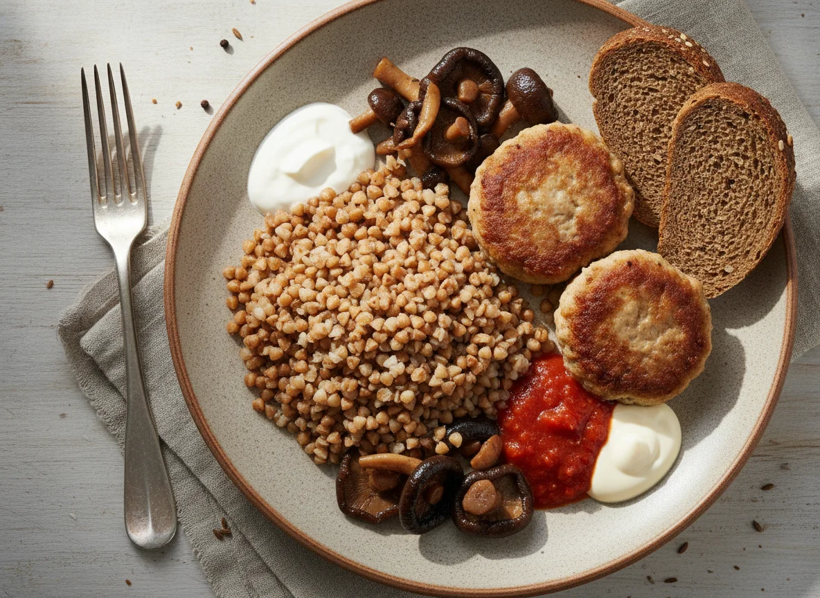 Гречка с мясными котлетами, грибами и соусами photo