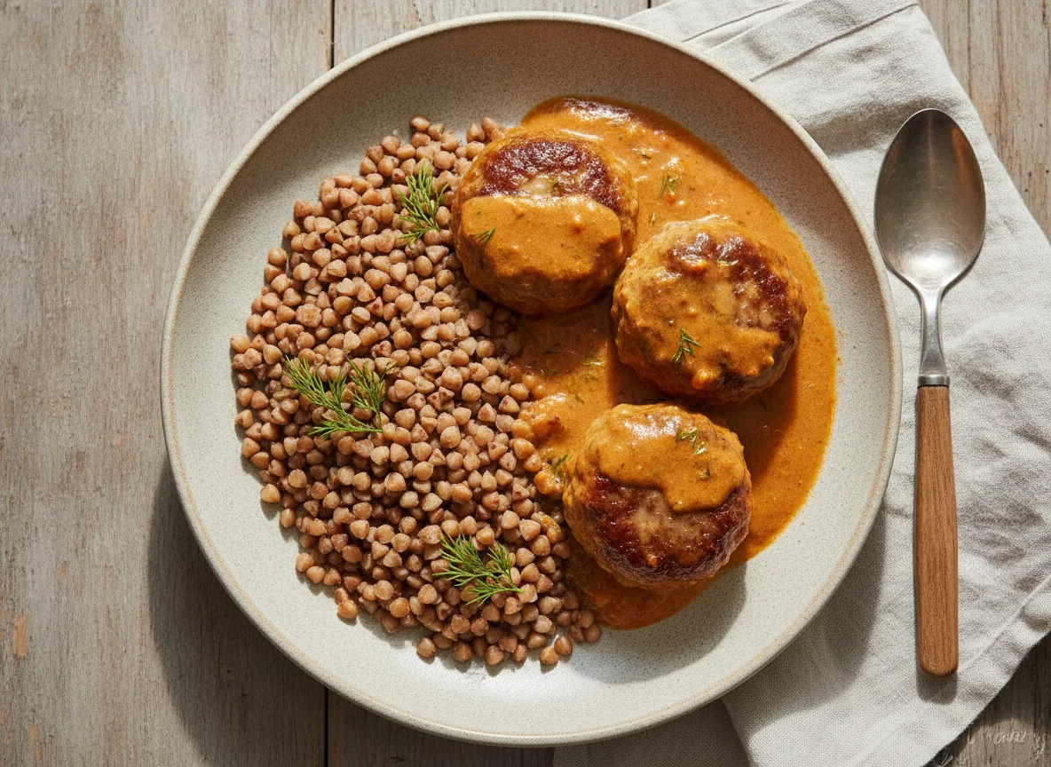 Гречка с мясными тефтелями в соусе photo
