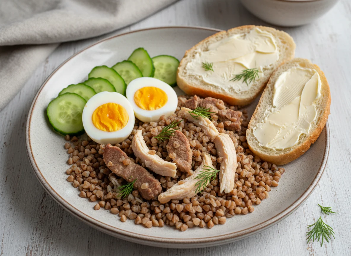 Гречка с мясом, яйцами, огурцами и хлебом с маслом photo