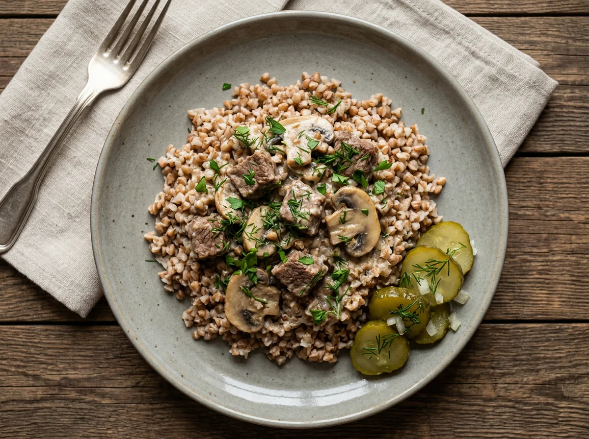 Гречка с мясом и грибами в сливочном соусе photo