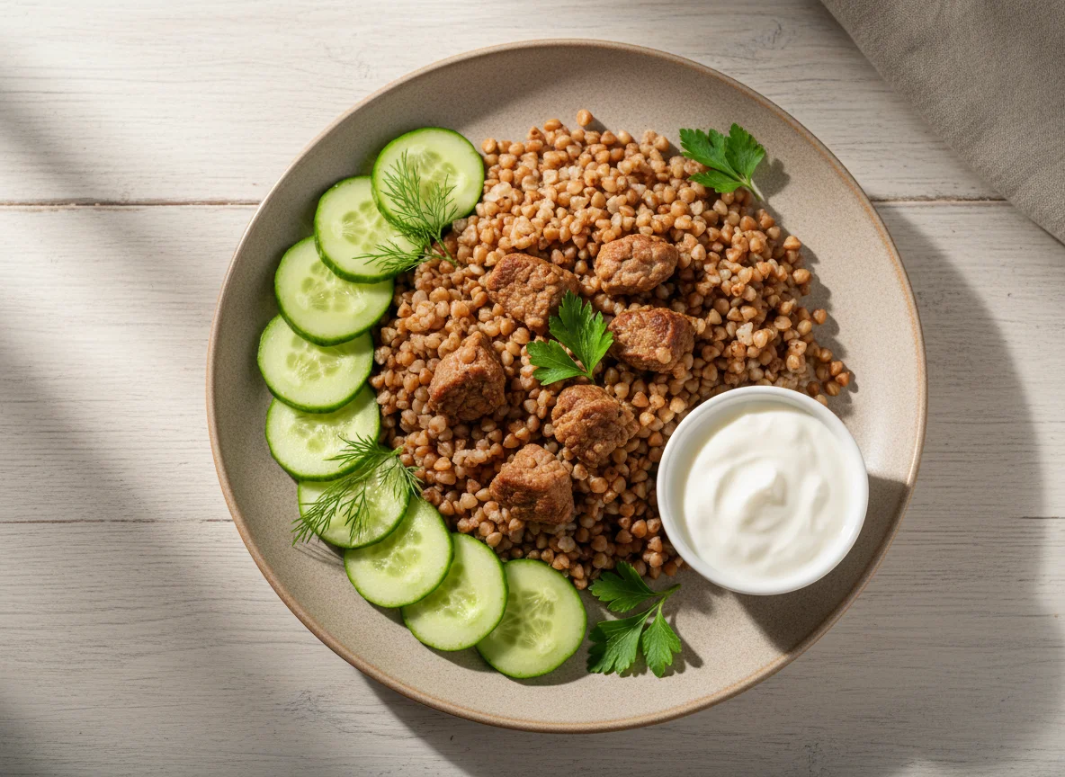 Гречка с мясом и огурцами photo