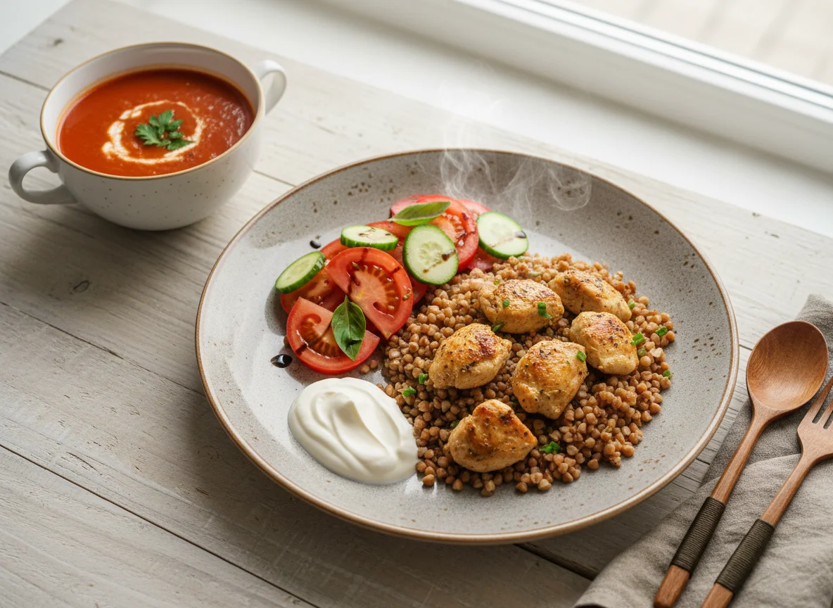 Гречка с мясом и овощной салат photo