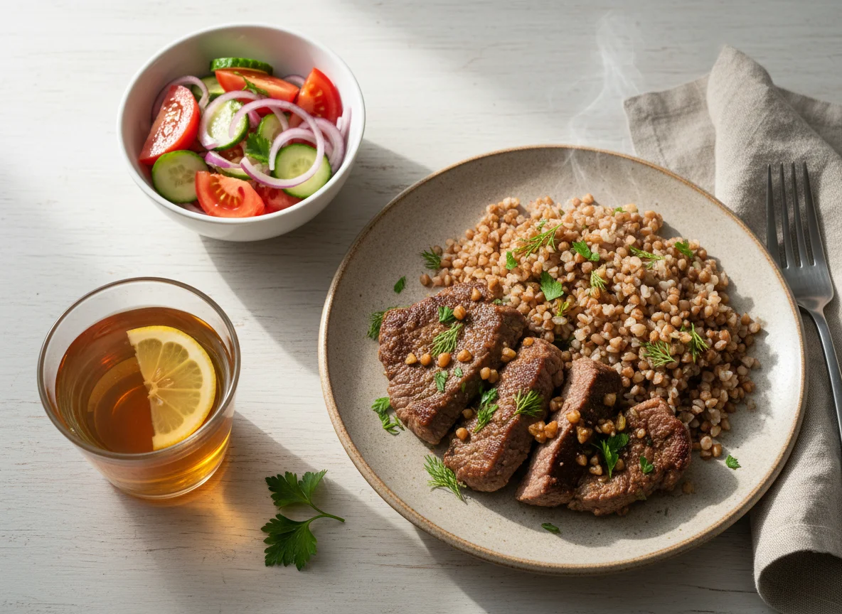 Гречка с мясом и овощным салатом photo