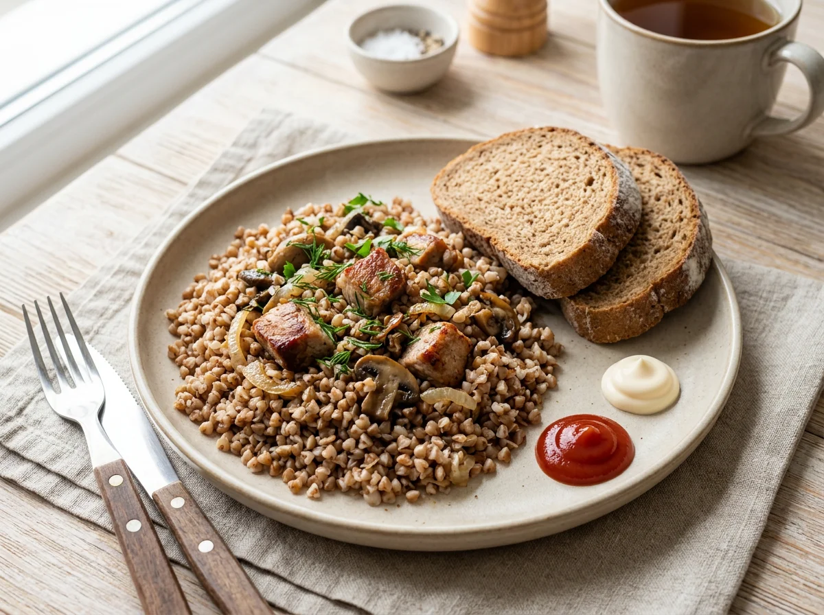 Гречка с мясом, овощами и хлебом photo