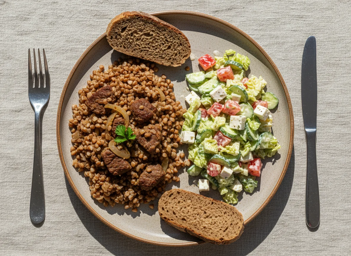 Гречка с мясом, салат и хлеб photo