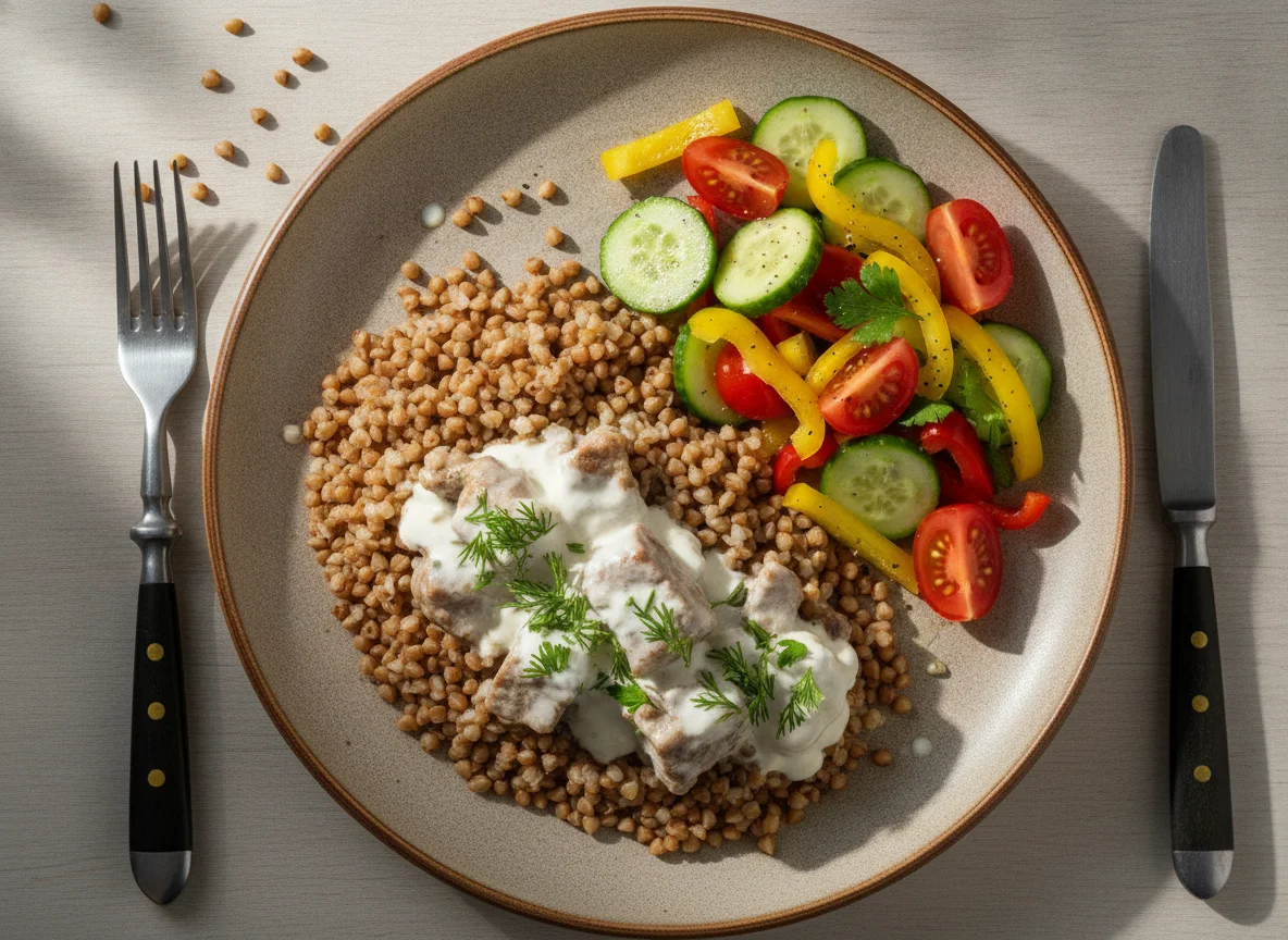 Гречка с мясом в соусе и овощной салат photo